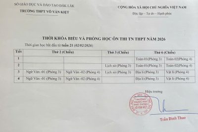 TKB và bố trí phòng học ôn thi TN THPT năm học 2025 – 2026